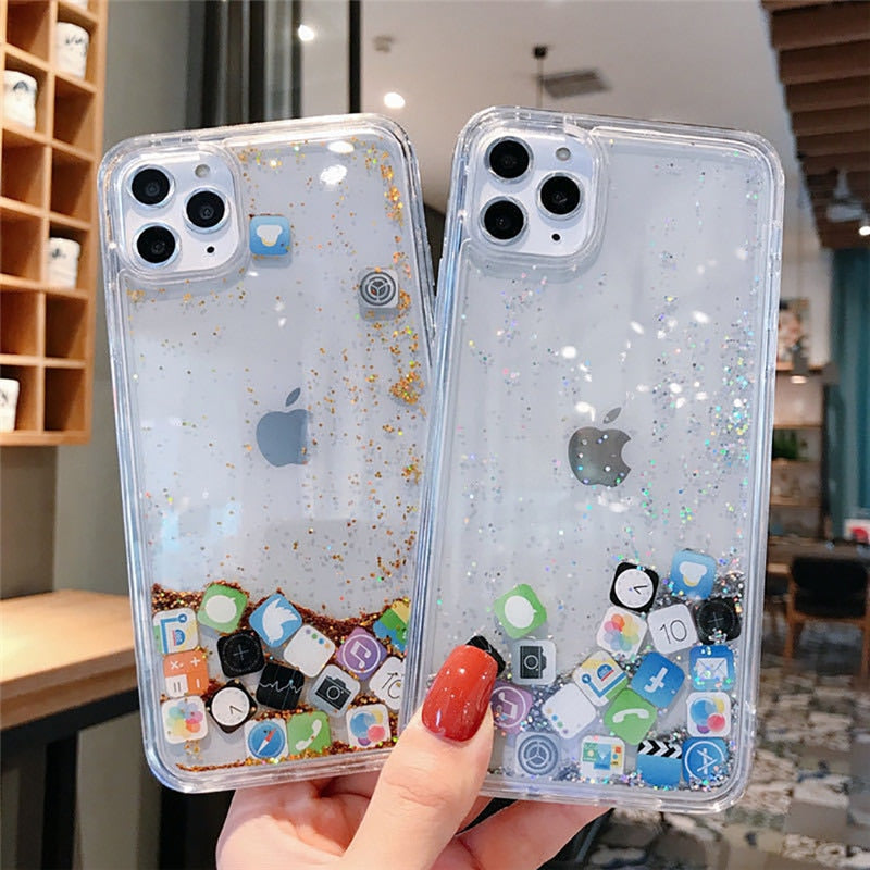 Dynamic Quicksand phone Cover for iphone 14 11 Pro Max 12 13 Cases Liquid Hard Case for iphone 7 8 Plus XR XS Cute App Icon Hood