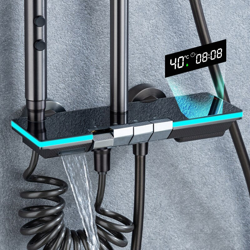 Hot Cold Mixer Rain Shower Set Bathroom LED Digital Thermostatic Shower System Bathtub Wall Mount Rainfall Luxury Shower System