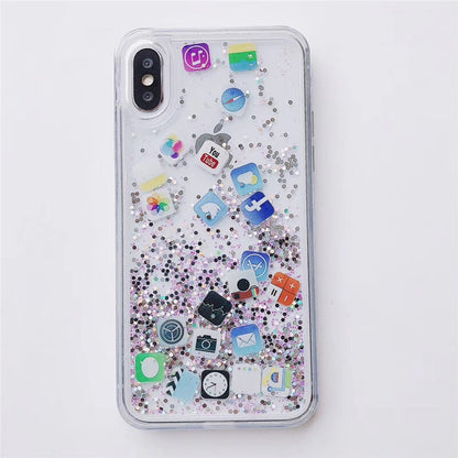 Dynamic Quicksand phone Cover for iphone 14 11 Pro Max 12 13 Cases Liquid Hard Case for iphone 7 8 Plus XR XS Cute App Icon Hood