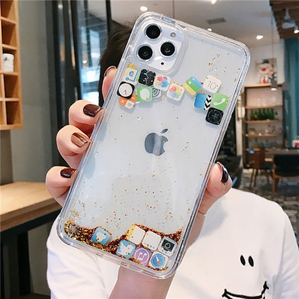 Dynamic Quicksand phone Cover for iphone 14 11 Pro Max 12 13 Cases Liquid Hard Case for iphone 7 8 Plus XR XS Cute App Icon Hood