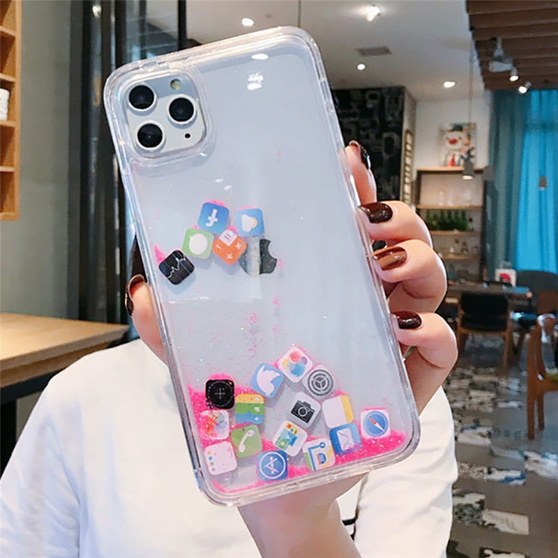 Dynamic Quicksand phone Cover for iphone 14 11 Pro Max 12 13 Cases Liquid Hard Case for iphone 7 8 Plus XR XS Cute App Icon Hood