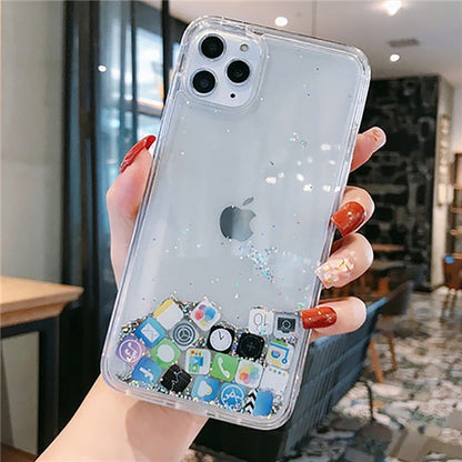 Dynamic Quicksand phone Cover for iphone 14 11 Pro Max 12 13 Cases Liquid Hard Case for iphone 7 8 Plus XR XS Cute App Icon Hood