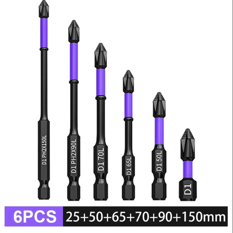 Magnetic Anti-Shock Screwdriver Set - PH2 Impact Bits (25/50/65/70/90/150 mm)