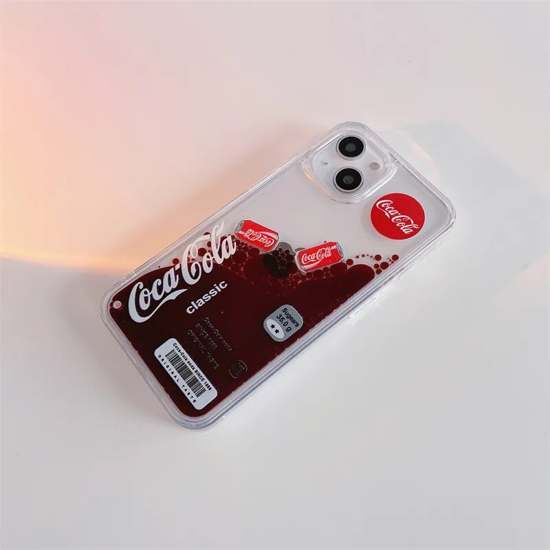 Ins Drinks Label Brown Liquid Case for iphone 14 13 Pro Max 15 12 Hard Cover Transparent Fashion Floating Cola in Back Coque Cap