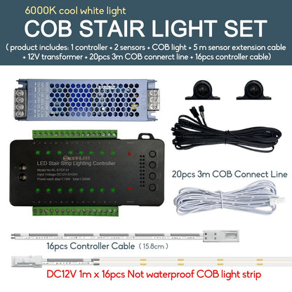 LED Motion Sensor COB Light Strip Stair 16 Channel Smart Controller Indoor Motion Night light for 12-16 Step Stair Lights
