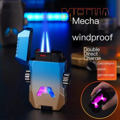 Mecha Gyro Windproof Double Jet Flame Inflatable Lighter Luminous Transparent Gas Window Metal Creative Butane Gas Cigar Lighter