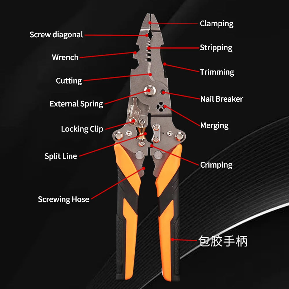 High-carbon Steel Wire Stripping Pliers Foldable 12 in 1 Wire Stripping Tool Non-Slip Comfortable Electrician Crimpe Pliers
