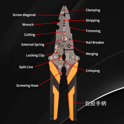 High-carbon Steel Wire Stripping Pliers Foldable 12 in 1 Wire Stripping Tool Non-Slip Comfortable Electrician Crimpe Pliers
