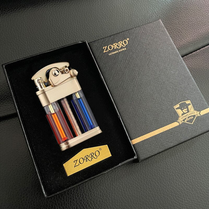 Zorro Rocker Kerosene Lighter Transparent Fuel Tank Metal Retro Grinding Wheel Lighter Visual Fuel Tank Lighter Men's Gift