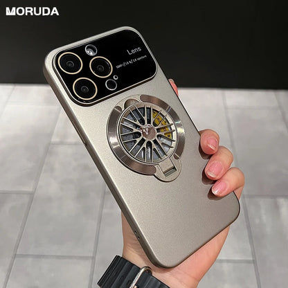 Invisible Holder Magsafe Case For iPhone 15 Pro Max 13 12 11 14 Promax Spinning Top Plating Matte Case With Full Glass Lens Film