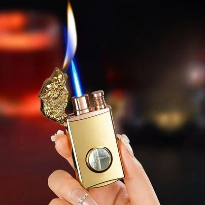 New Creative Wolf Head Double Flame Lighter Straight + Open Flame LED Light Visible Transom Inflatable Lighter Men's Gift
