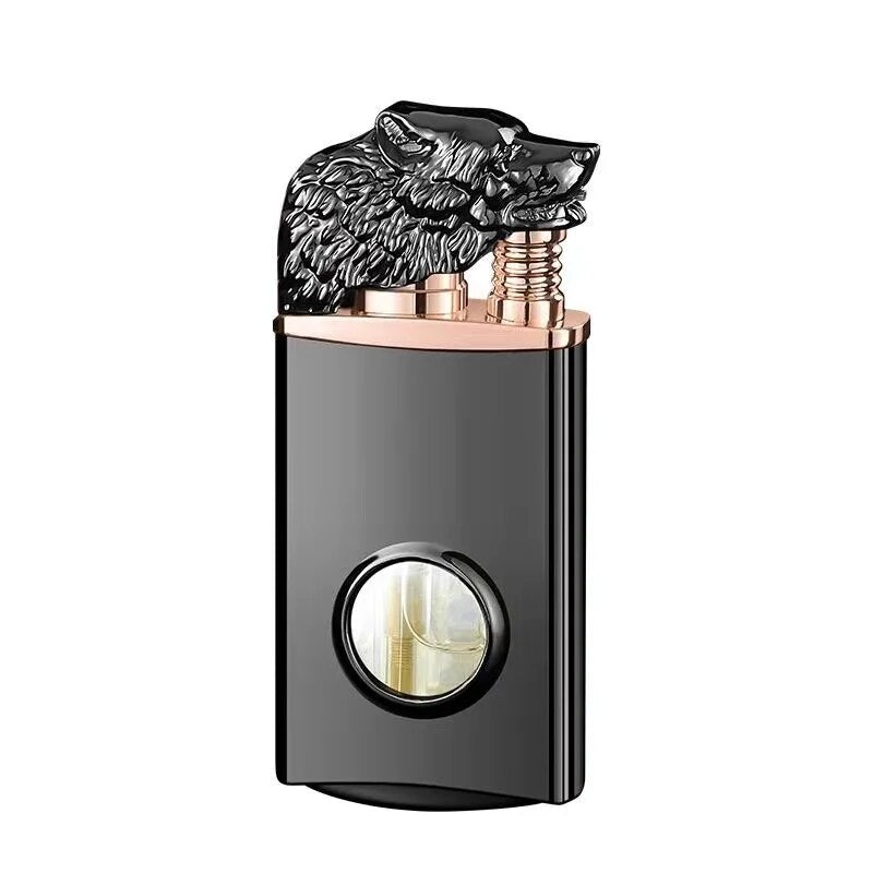 New Creative Wolf Head Double Flame Lighter Straight + Open Flame LED Light Visible Transom Inflatable Lighter Men's Gift