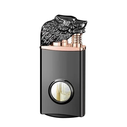 New Creative Wolf Head Double Flame Lighter Straight + Open Flame LED Light Visible Transom Inflatable Lighter Men's Gift
