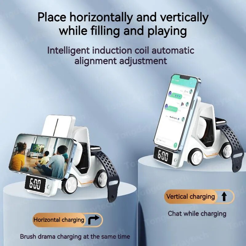 6IN1 Car Shape Alarm Clock Wireless Charger For Iphone 12 13 14 Pro Max Night Light Charging Station For Apple Watch Airpods Pro