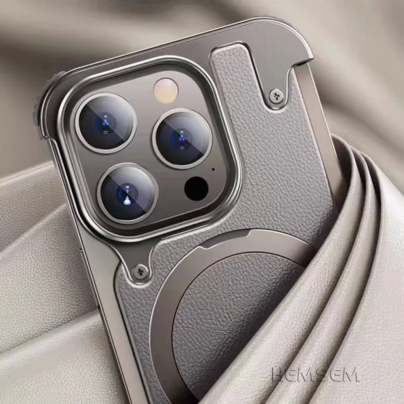Light Weight Metal Bumper Magsafe Case Finger Ring Holder cowhide Backboard for iPhone 13 14 15 Pro Max Shockproof Phone Cover