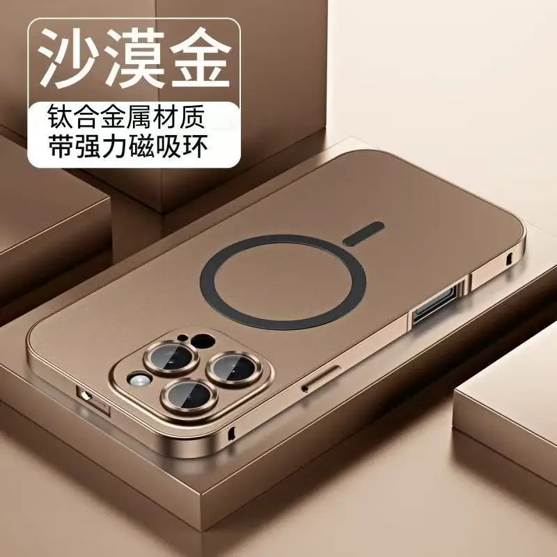 Fashion Aluminum Metal Magnetic Case For iPhone16 17 Pro Max 15Pro 14 13 12 Magsafe Wireless Charging Glass Lens Backboard Cover