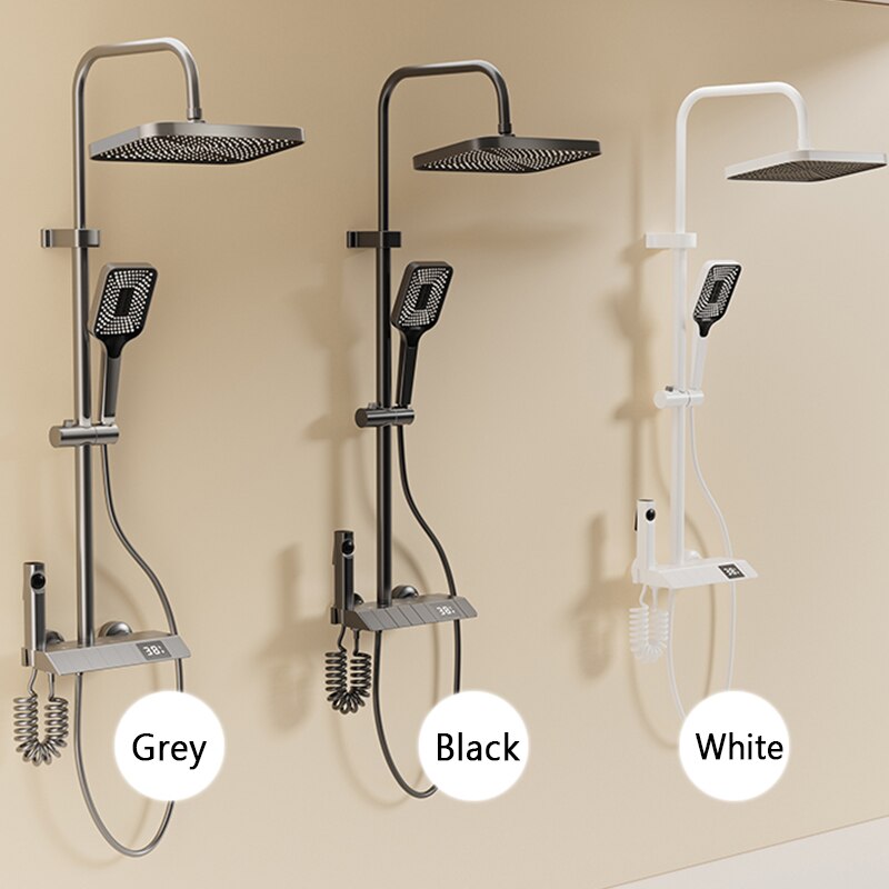 Bathroom Shower Full Set Black White Gray Bathtub Shower System Rain Pressurized Digital LED Shower Sets Hot Cold Shower Faucet
