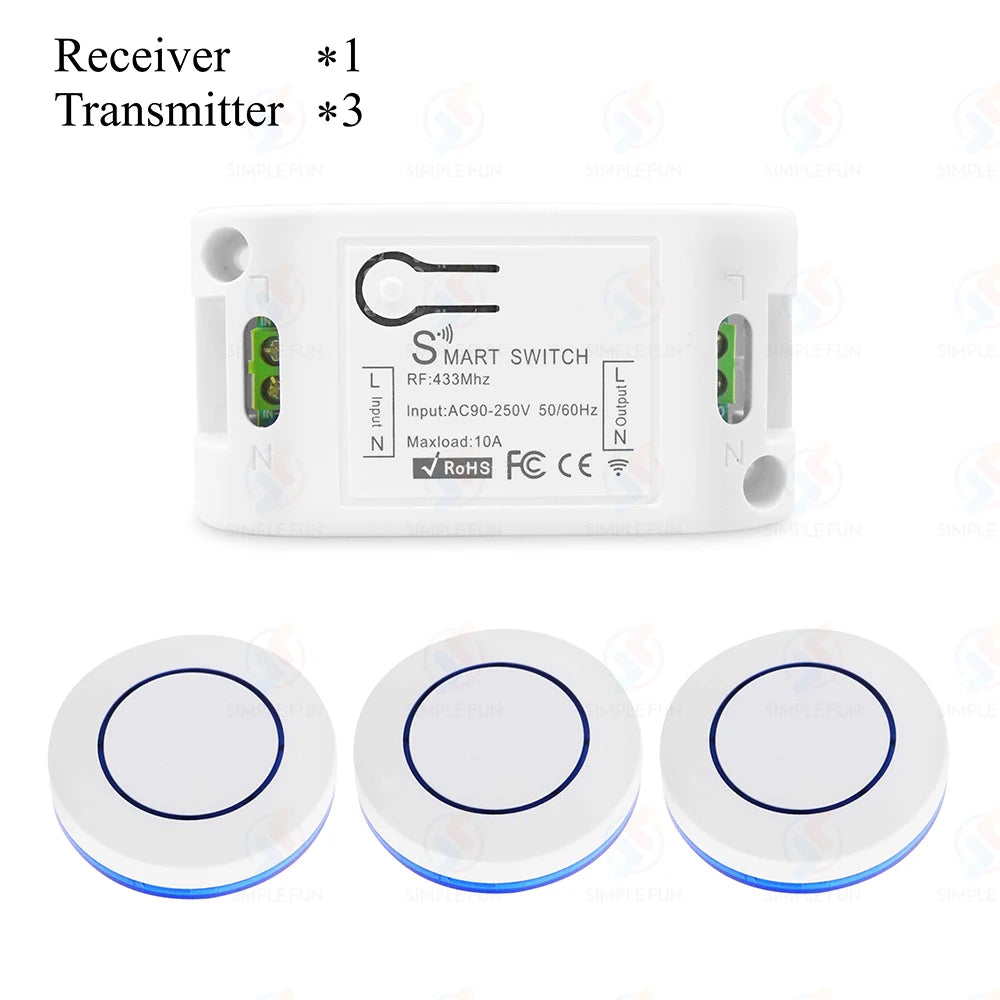 Wireless RF433MHz Remote Control Switch AC 110V 220V 10A Relay Receiver and Round Button Transmitter for Light Lamp Fan ON/OFF