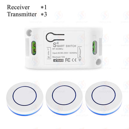 Wireless RF433MHz Remote Control Switch AC 110V 220V 10A Relay Receiver and Round Button Transmitter for Light Lamp Fan ON/OFF