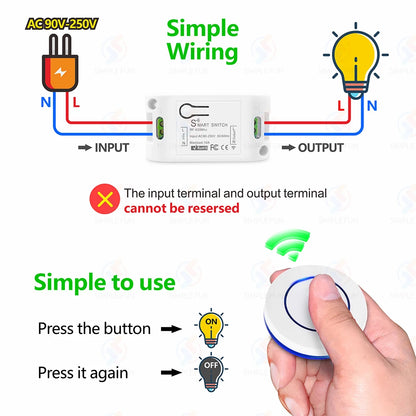Wireless RF433MHz Remote Control Switch AC 110V 220V 10A Relay Receiver and Round Button Transmitter for Light Lamp Fan ON/OFF