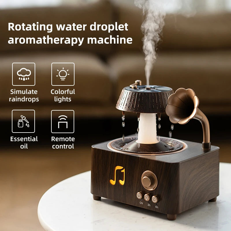 250ml Rotating Raindrop Air Humidifier Music Box Phonograph Gramophone Aromatherapy Humidifier Essential Oil Fragrance Diffuser