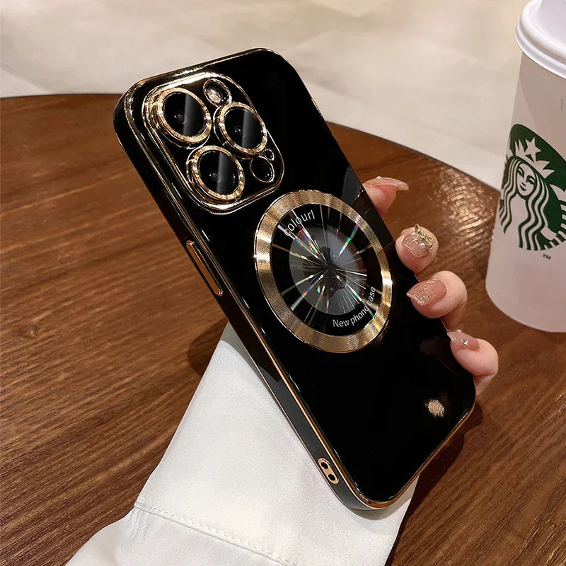 Luxury Plating Logo Hole Strong Magnetic Case For IPhone 15 14 13 12 11 Pro Max Plus Wireless Charging Magsafe Lens Film Cover