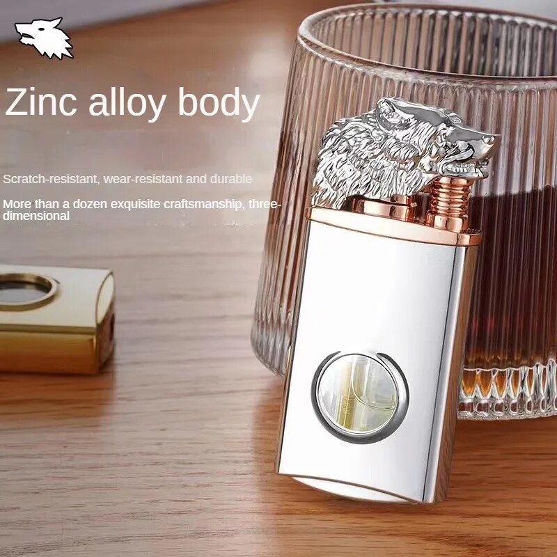 New Creative Wolf Head Double Flame Lighter Straight + Open Flame LED Light Visible Transom Inflatable Lighter Men's Gift