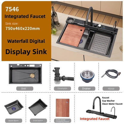 75cmx46cm 304 Stainless Steel Kitchen Sink, Piano Button, Nano Honeycomb Integrated Waterfall Faucet Vegetable Basin Set