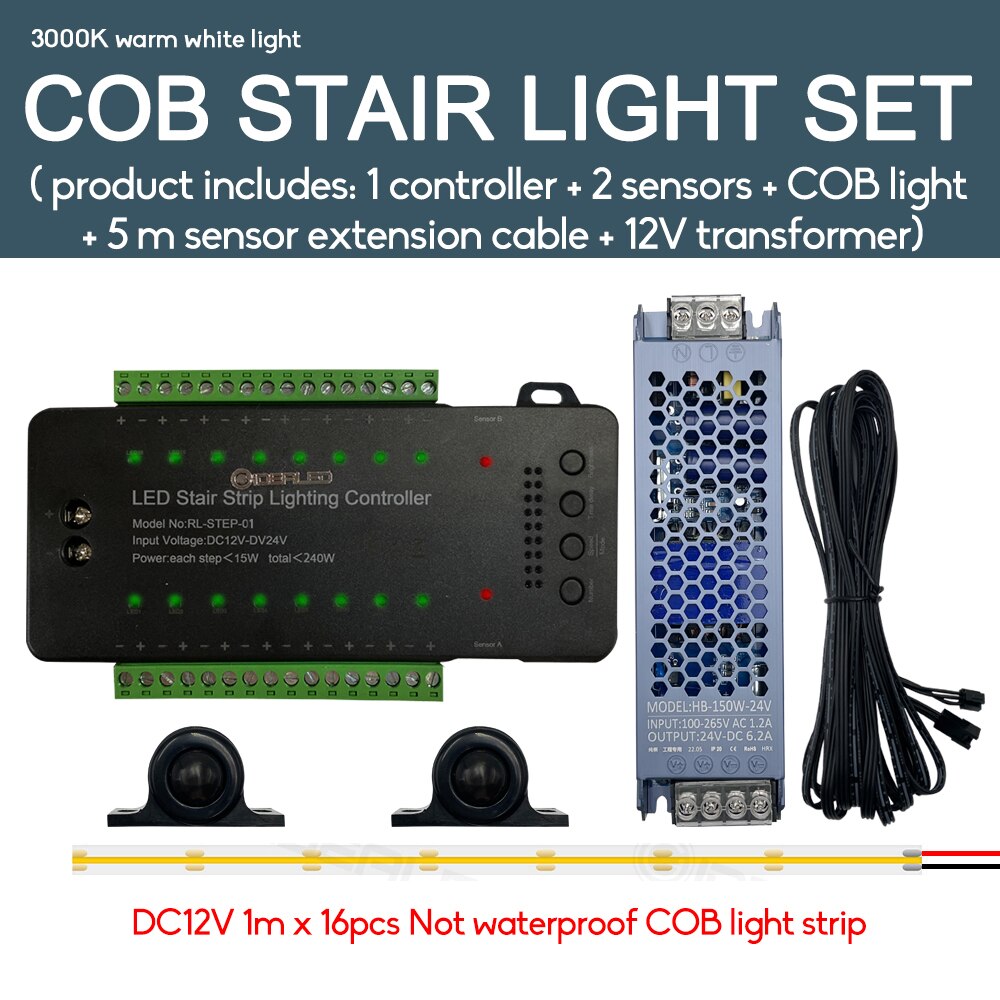 LED Motion Sensor COB Light Strip Stair 16 Channel Smart Controller Indoor Motion Night light for 12-16 Step Stair Lights