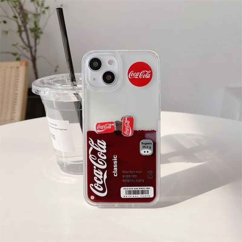 Ins Drinks Label Brown Liquid Case for iphone 14 13 Pro Max 15 12 Hard Cover Transparent Fashion Floating Cola in Back Coque Cap