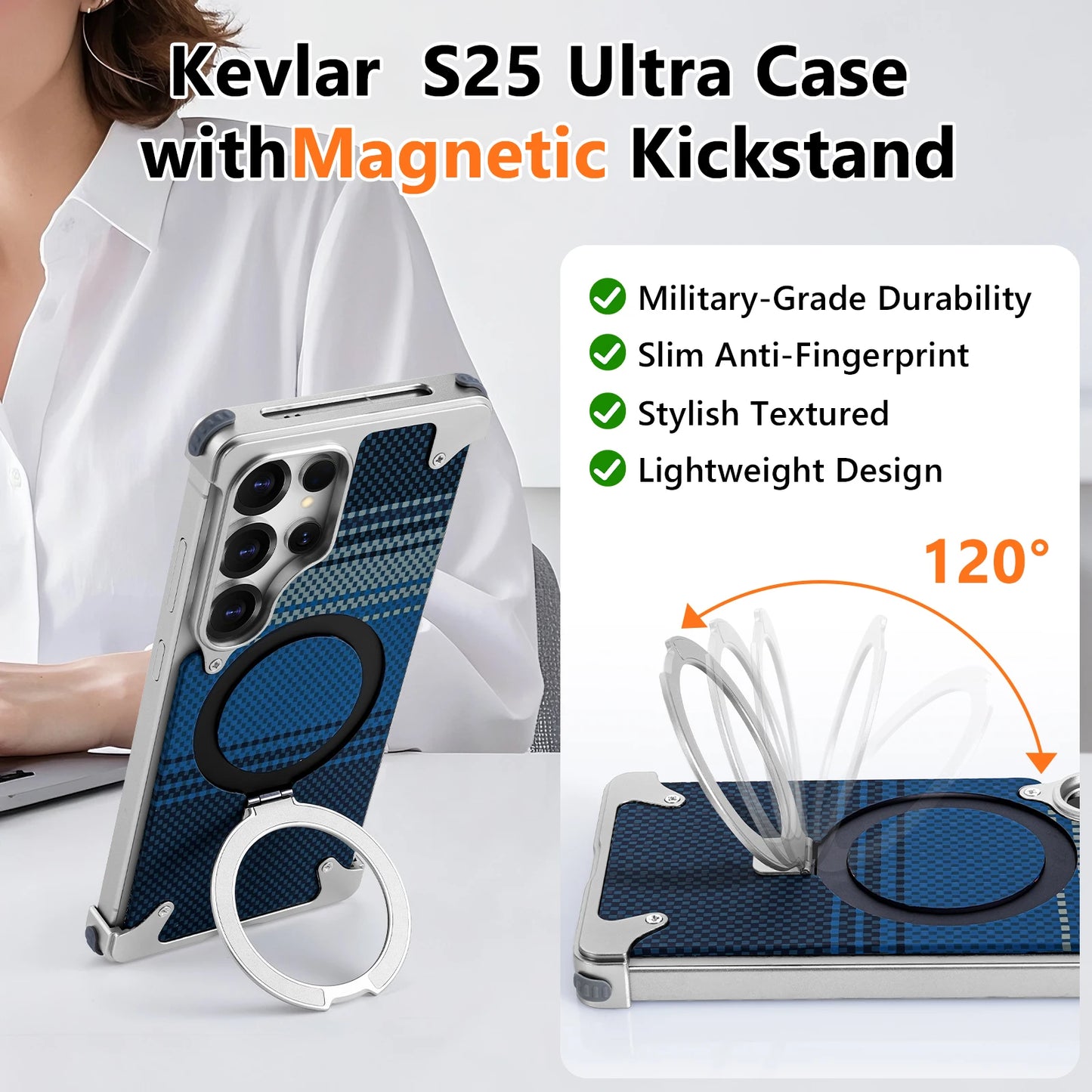 Oatsbasf Magnetic Phone Case for Samsung Galaxy S25 Ultra with Ring Stand Kevlar Fiber Texture S25 Ultra Phone Case Shockproof