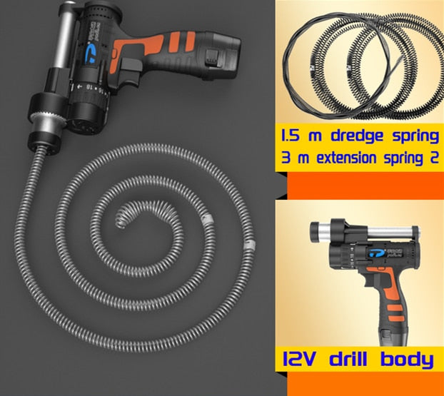 12V Sewer Dredger Electric Pipe Dredger House Hold Toilet Floor Drain Pipe Blockage Cleaning Tool Spring 1.5m/3m/4.5m/7.5m