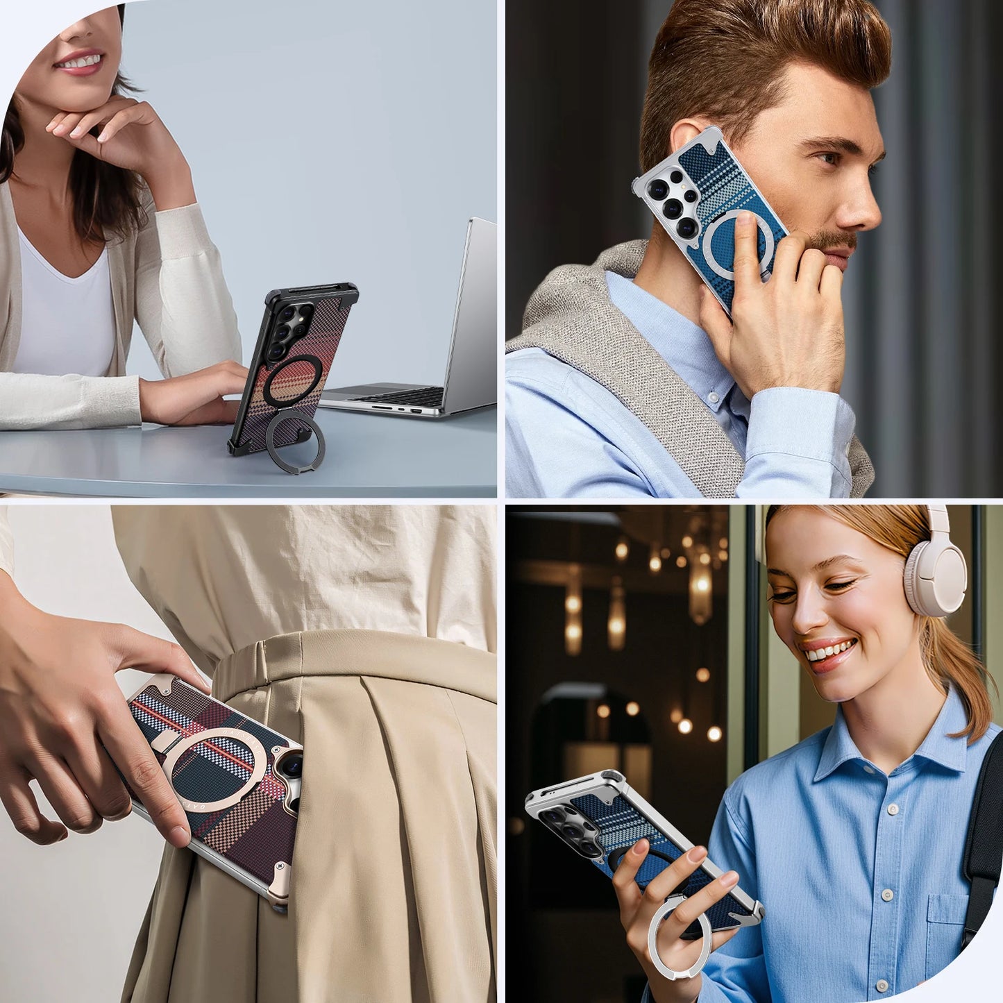 Oatsbasf Magnetic Phone Case for Samsung Galaxy S25 Ultra with Ring Stand Kevlar Fiber Texture S25 Ultra Phone Case Shockproof