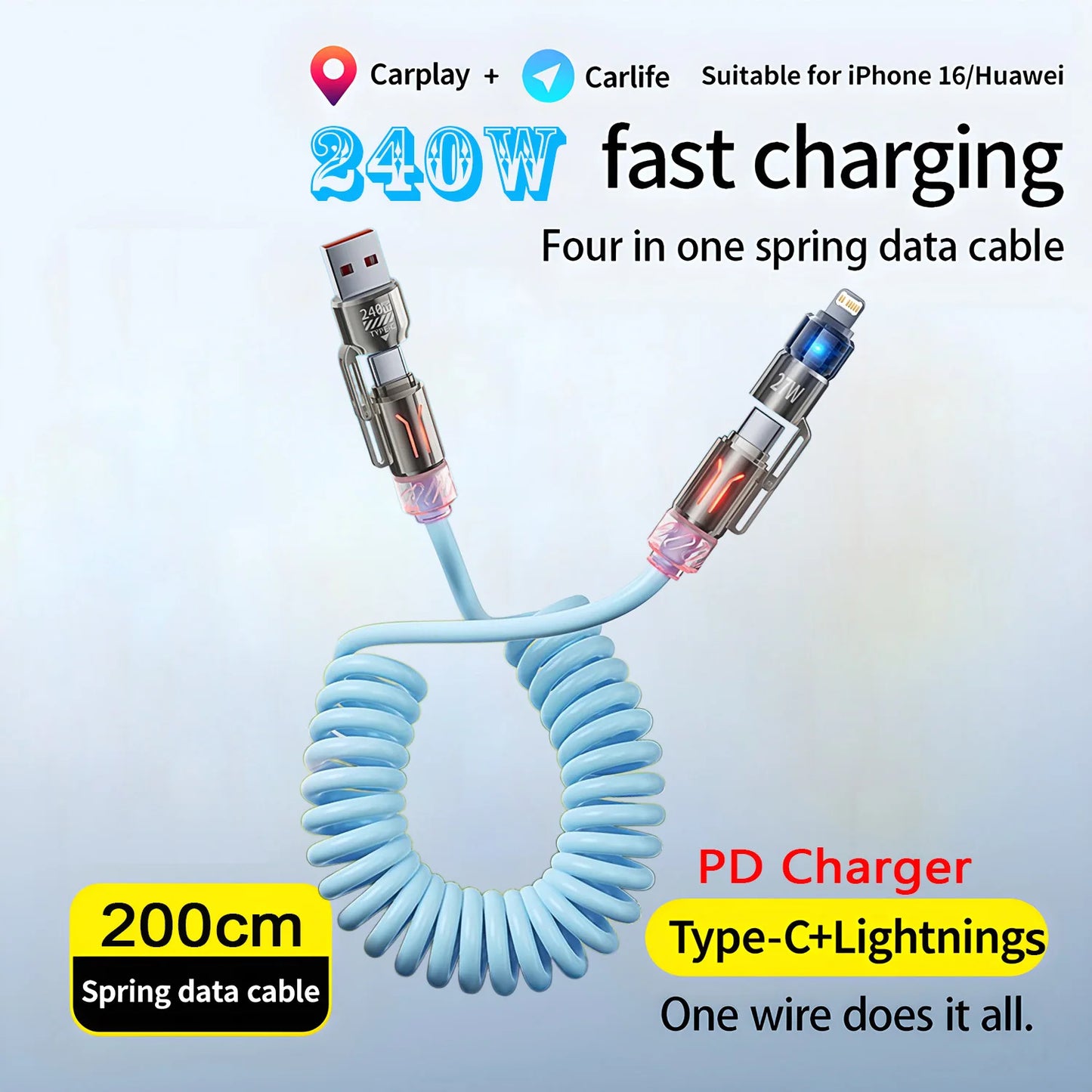 4 in 1 PD 240W Fast Charging Spring Cable USB Type C To Type C And Lightning Data Cable Wire For iPhone 15 16 Samsung Xiaomi