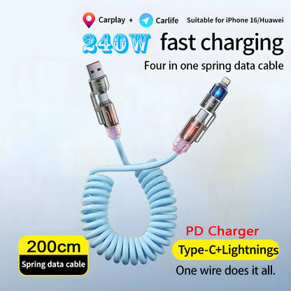 4 in 1 PD 240W Fast Charging Spring Cable USB Type C To Type C And Lightning Data Cable Wire For iPhone 15 16 Samsung Xiaomi