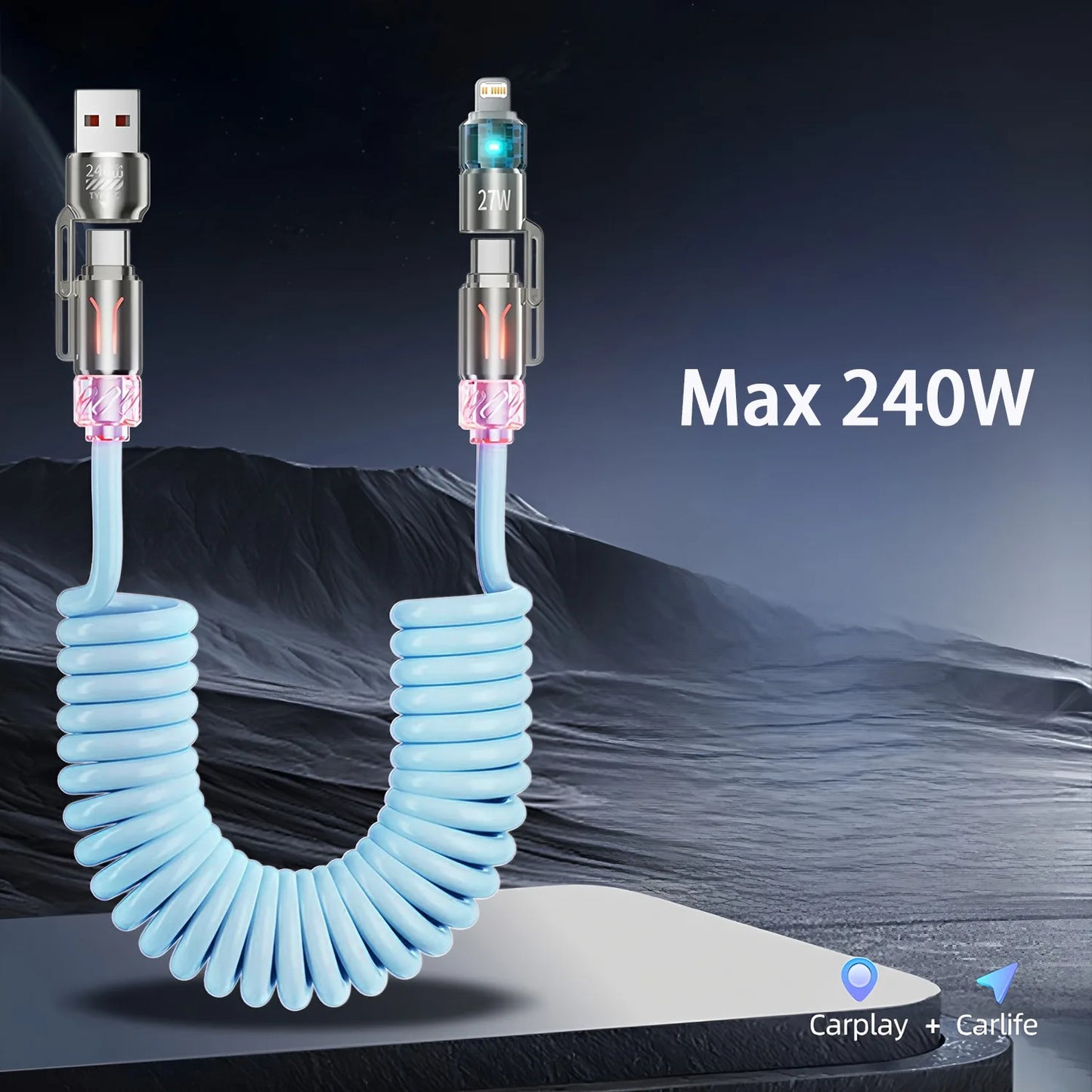 4 in 1 PD 240W Fast Charging Spring Cable USB Type C To Type C And Lightning Data Cable Wire For iPhone 15 16 Samsung Xiaomi