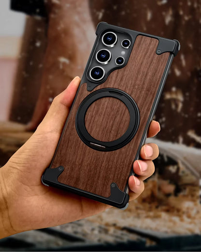 Eary Solid Wood Phone Case for Samsung Galaxy S25 S24 Ultra With Magsafe 360° Rotation Kickstand Frameless Protective Shells