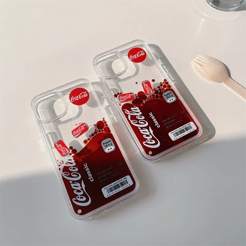 Ins Drinks Label Brown Liquid Case for iphone 14 13 Pro Max 15 12 Hard Cover Transparent Fashion Floating Cola in Back Coque Cap