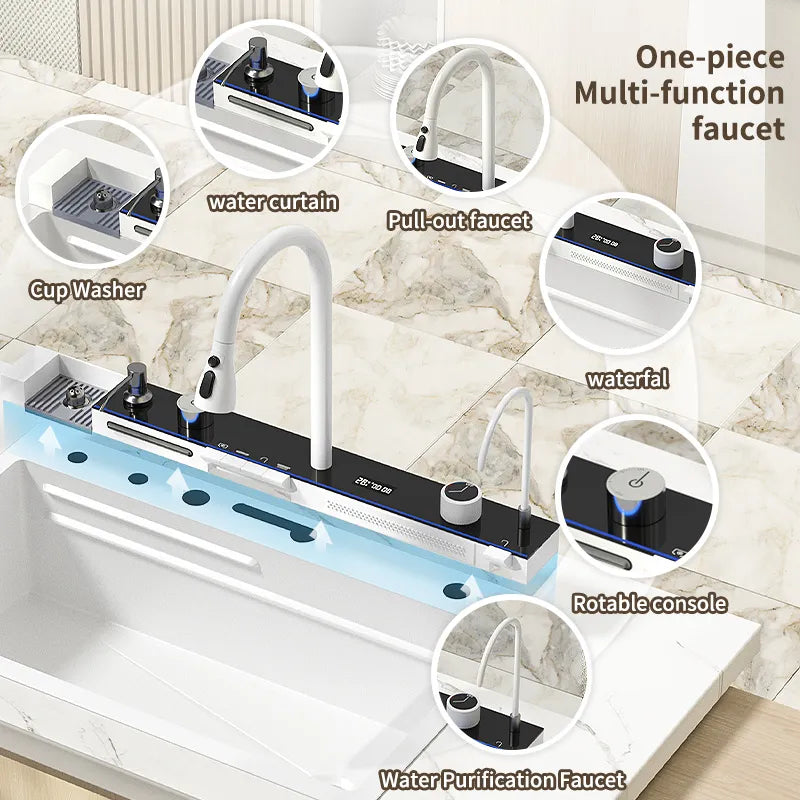 Stainless Steel Kitchen Sink Smart White Large Single Bowl Nano Digital Display Washbasin Multifunctional Waterfall Sink Faucet