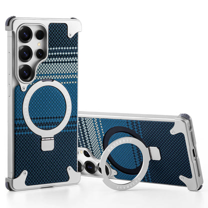 Oatsbasf Magnetic Phone Case for Samsung Galaxy S25 Ultra with Ring Stand Kevlar Fiber Texture S25 Ultra Phone Case Shockproof