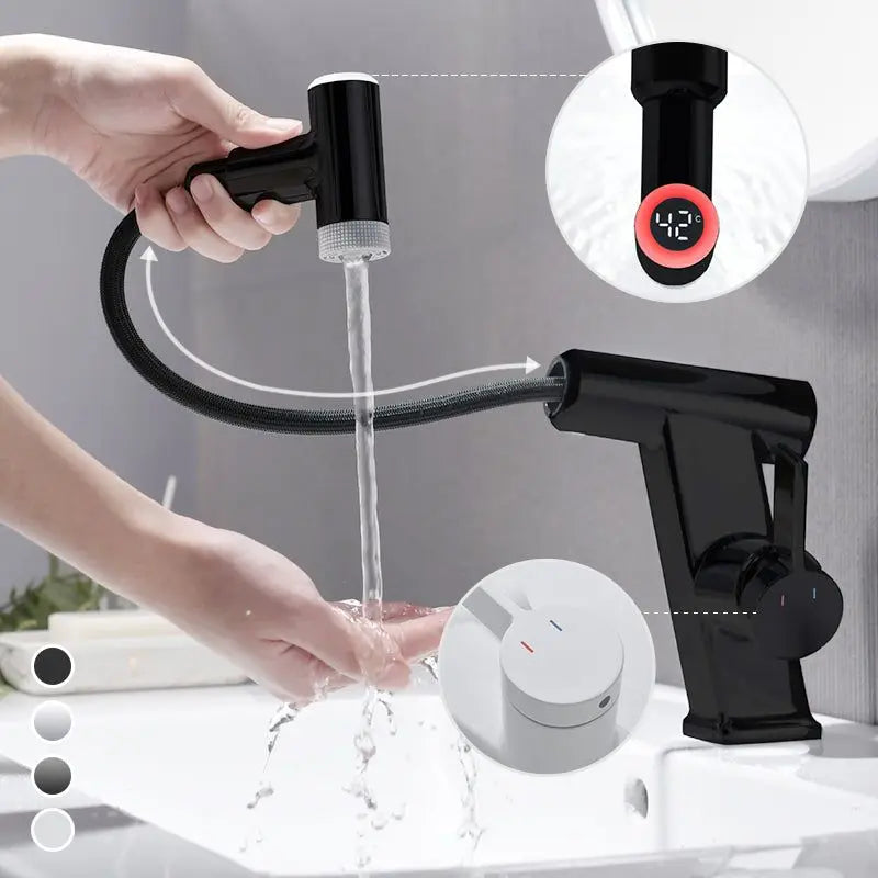 Smart Digital Display Pull-Out Faucet for Home Bathroom Smart Temp Tap 360Rotating Faucet Water Saving Hot Cold Washbasin Faucet