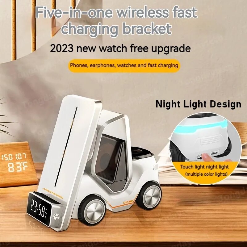 6IN1 Car Shape Alarm Clock Wireless Charger For Iphone 12 13 14 Pro Max Night Light Charging Station For Apple Watch Airpods Pro