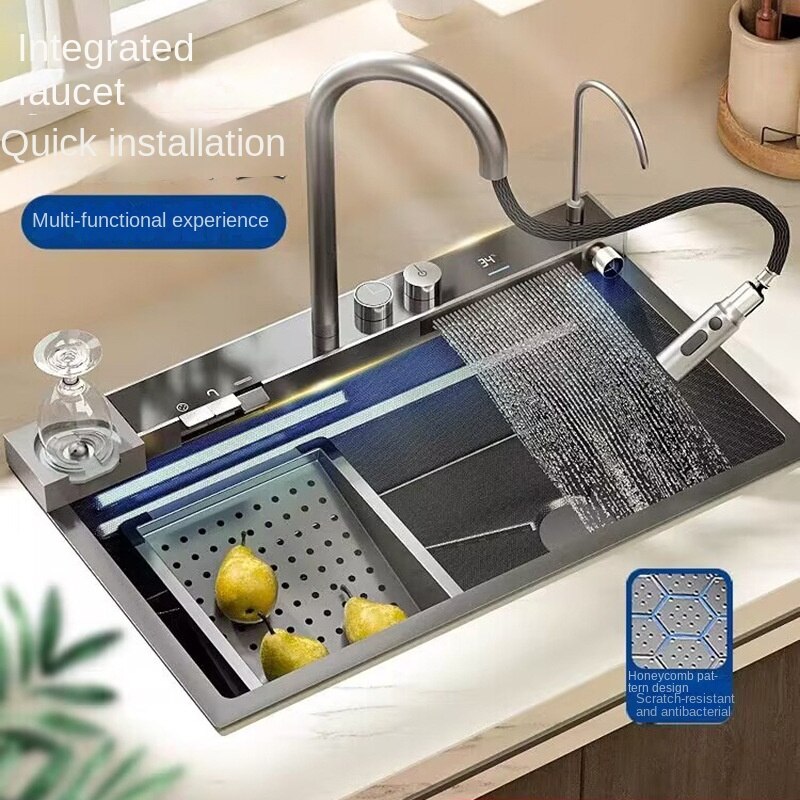 75cmx46cm 304 Stainless Steel Kitchen Sink, Piano Button, Nano Honeycomb Integrated Waterfall Faucet Vegetable Basin Set