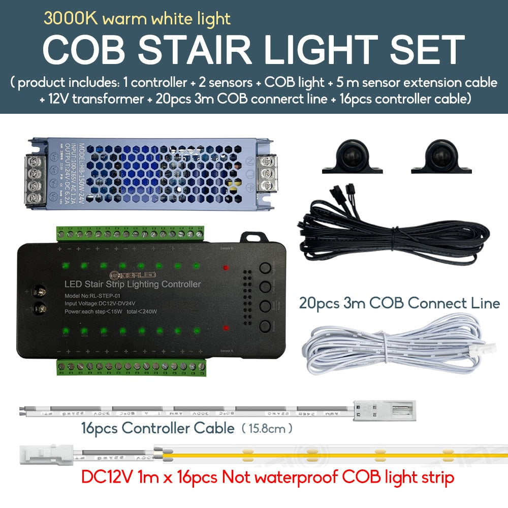 LED Motion Sensor COB Light Strip Stair 16 Channel Smart Controller Indoor Motion Night light for 12-16 Step Stair Lights