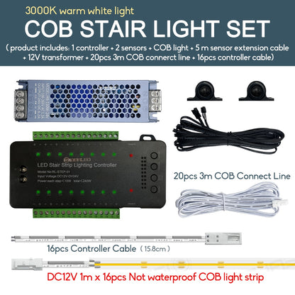 LED Motion Sensor COB Light Strip Stair 16 Channel Smart Controller Indoor Motion Night light for 12-16 Step Stair Lights