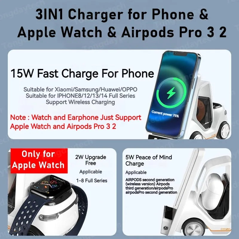 6IN1 Car Shape Alarm Clock Wireless Charger For Iphone 12 13 14 Pro Max Night Light Charging Station For Apple Watch Airpods Pro