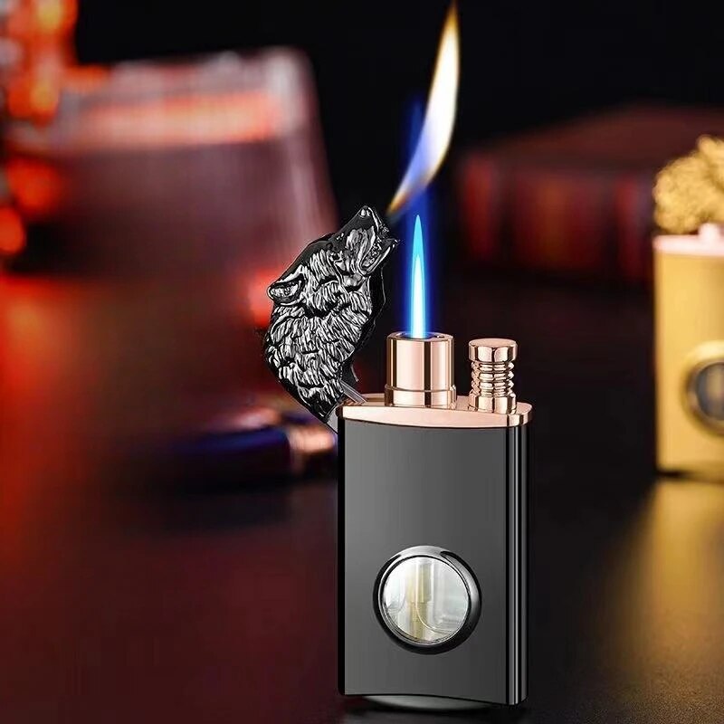 New Creative Wolf Head Double Flame Lighter Straight + Open Flame LED Light Visible Transom Inflatable Lighter Men's Gift