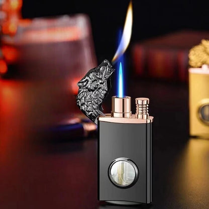 New Creative Wolf Head Double Flame Lighter Straight + Open Flame LED Light Visible Transom Inflatable Lighter Men's Gift
