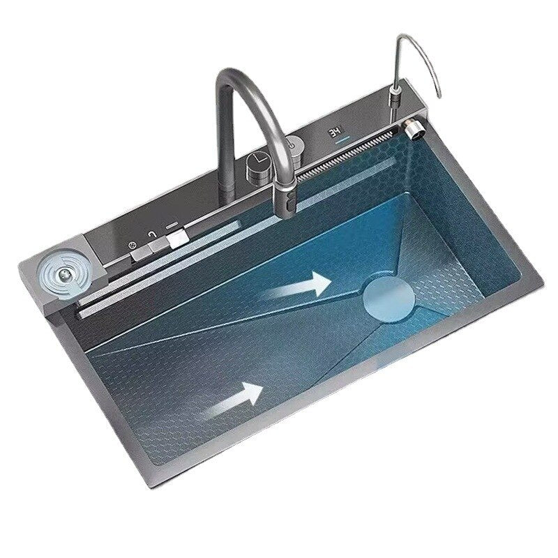 75cmx46cm 304 Stainless Steel Kitchen Sink, Piano Button, Nano Honeycomb Integrated Waterfall Faucet Vegetable Basin Set