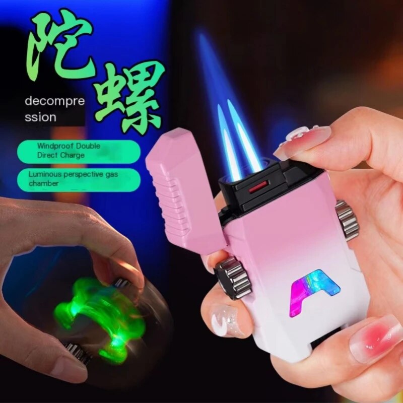 Mecha Gyro Windproof Double Jet Flame Inflatable Lighter Luminous Transparent Gas Window Metal Creative Butane Gas Cigar Lighter